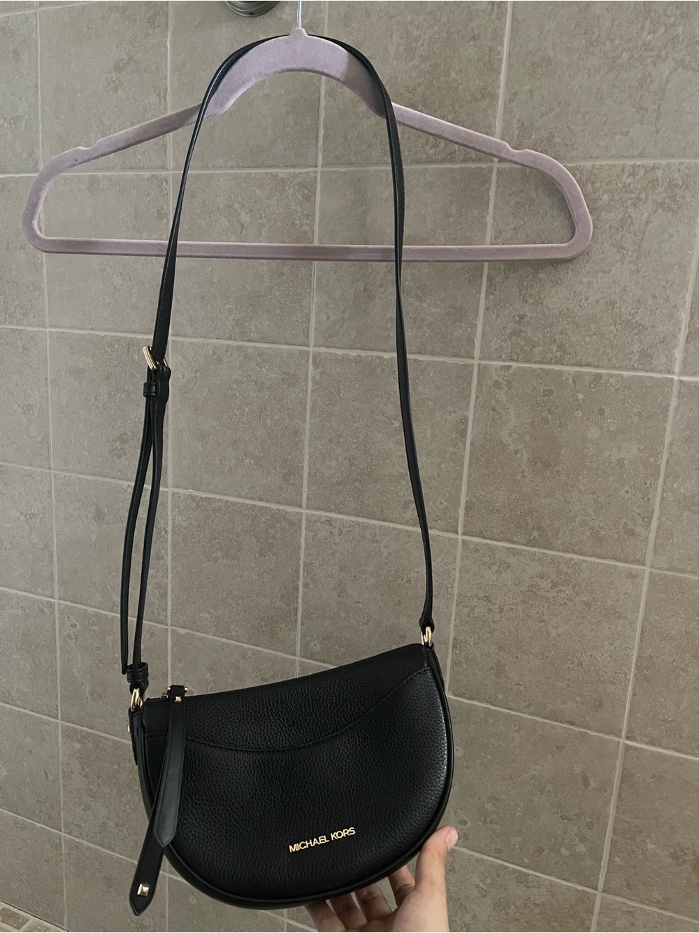 Michael Kors Black Pebbled Crescent Crossbody with Gold Hardware